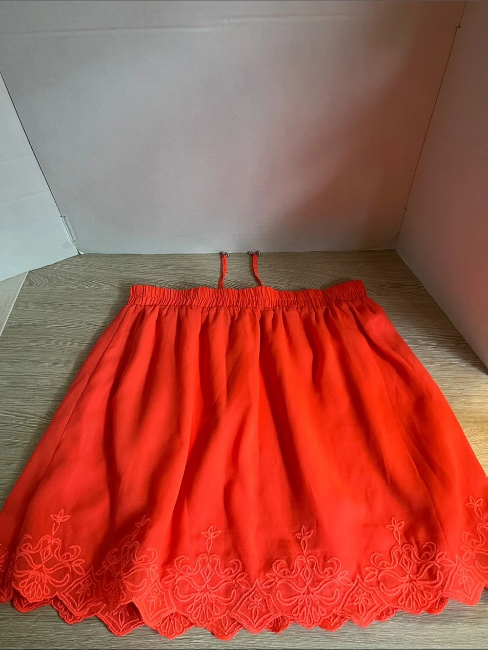 dina be Coral-Red Scalloped Embroidered Skater Skirt